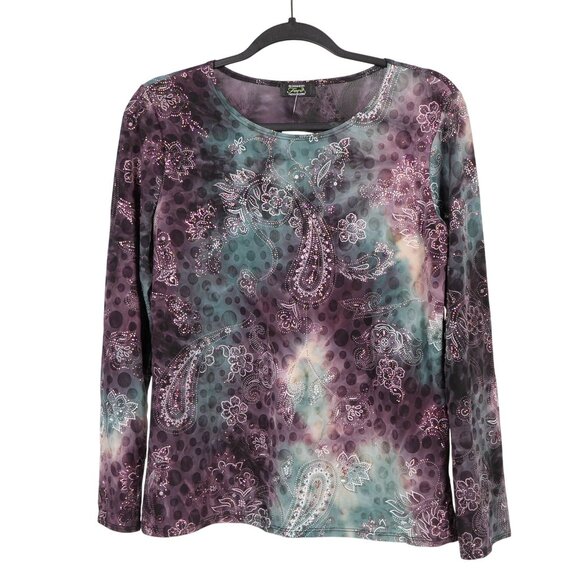 Shannon Ford Tops - Y2K Hippie Shirt L Paisley Glitter Purple Green Dots Stretch Boho Indie Floral